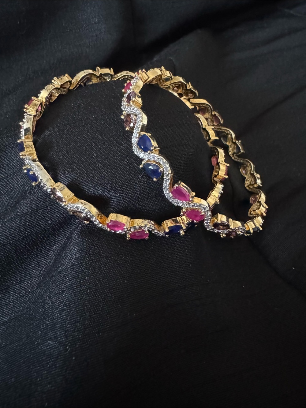 Gold-Tone Women's bangles Set with Blue and Pink Stones
